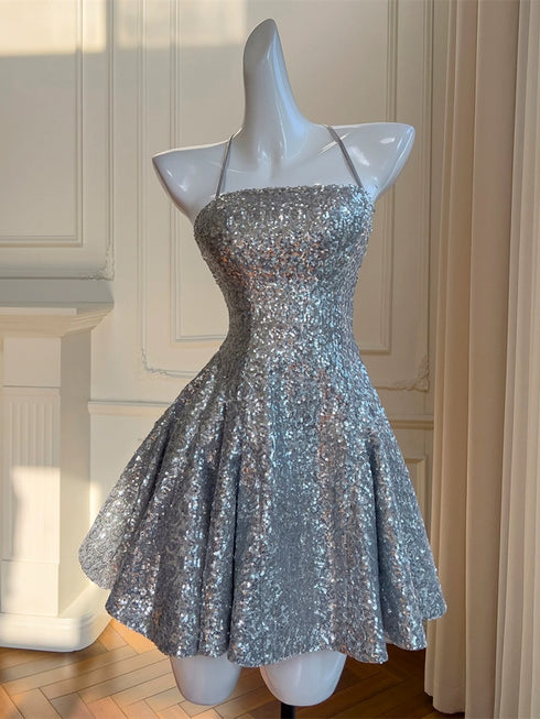 Sliver-Grey Short Sequins Straps Homecoming Dress, Sequins Short Prom Dress